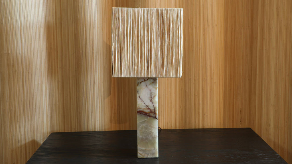 Vintage Walter Von Nessen Marble Table Lamp with Raffia Shade