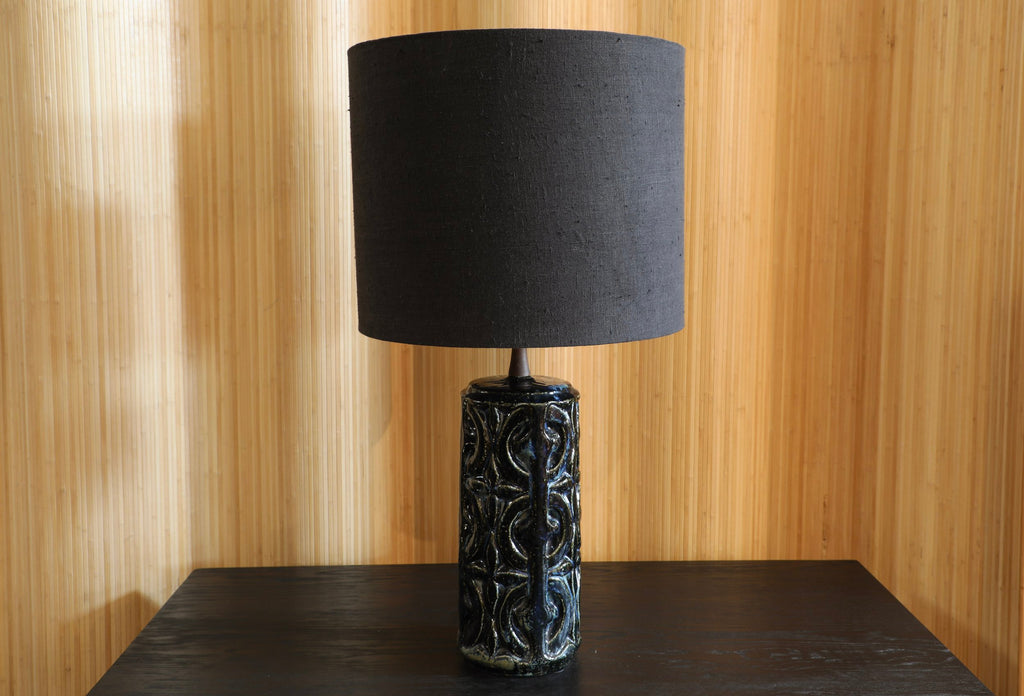 Vintage Geometric Glazed Lamp with Black Linen Shade