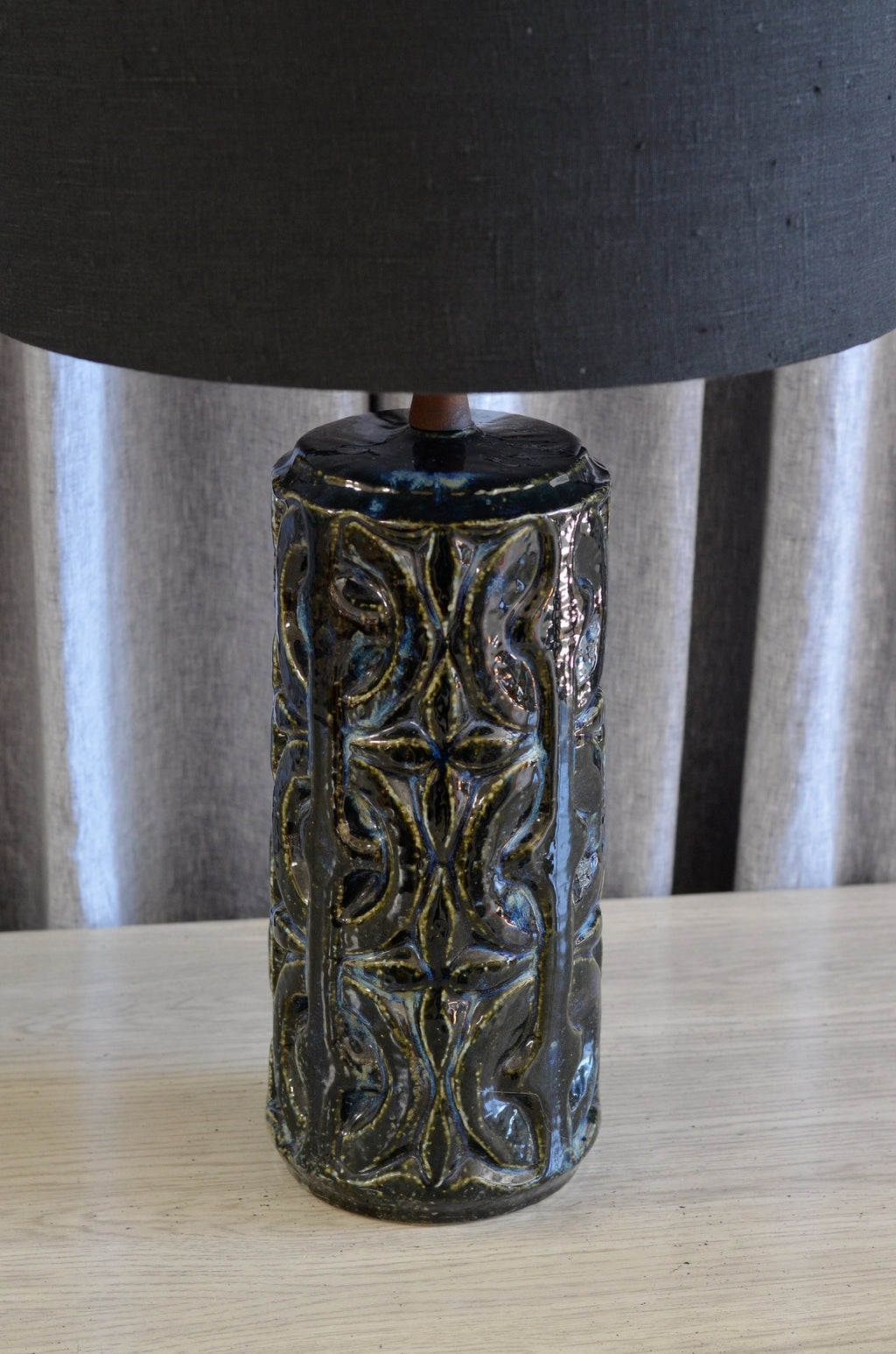 Vintage Geometric Glazed Lamp with Black Linen Shade
