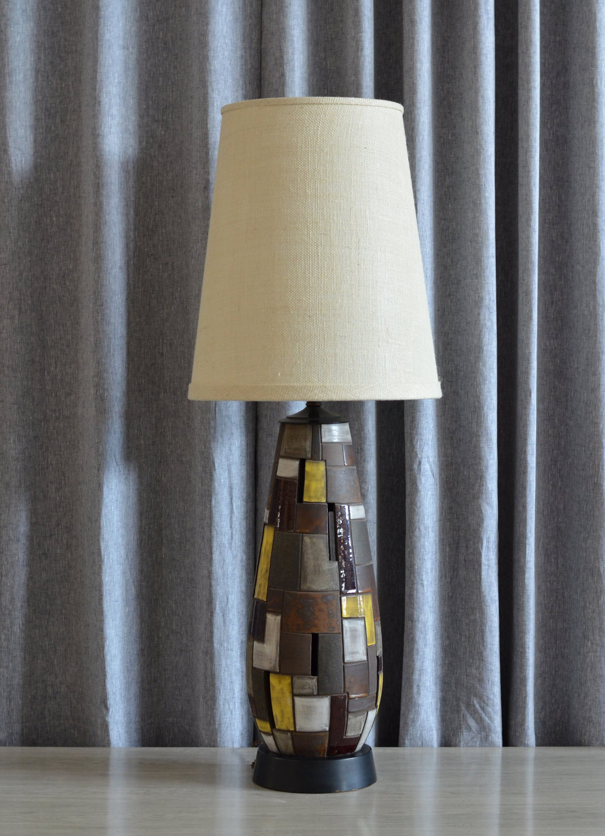 Vintage Cubist Style Lamp with White Burlap Shade