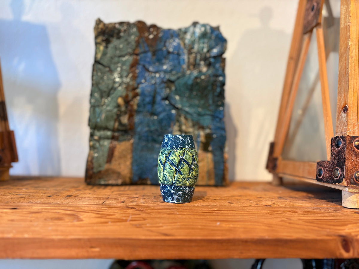 Vintage Blue and Green Sgrafitto Ceramic Pencil Cup