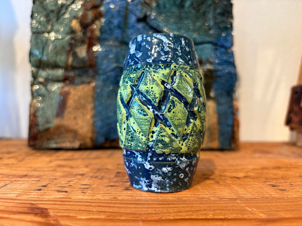 Vintage Blue and Green Sgrafitto Ceramic Pencil Cup