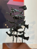 Brutalist Metal Tree Sculpture on Wooden Base
