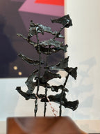 Brutalist Metal Tree Sculpture on Wooden Base