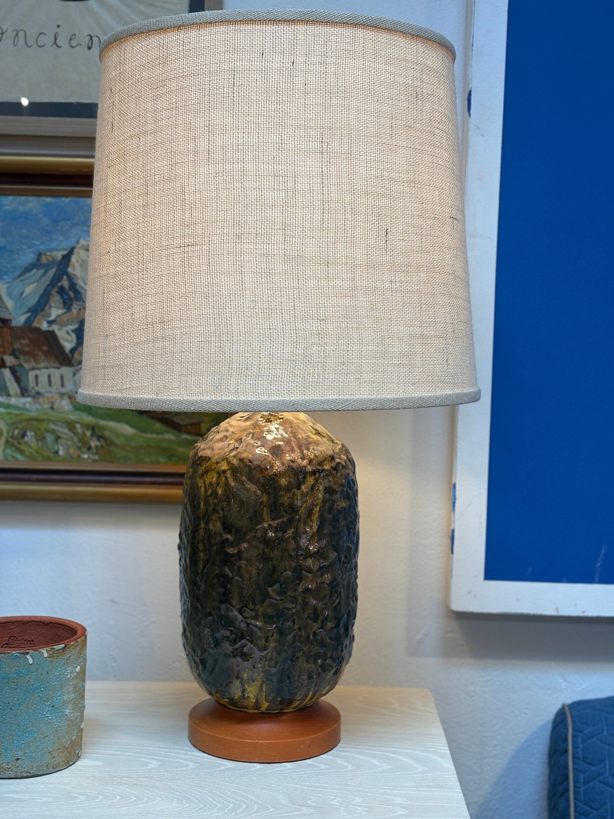 Vintage Green Ceramic Lamp with Volcanic Glaze