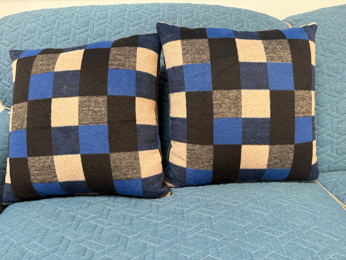 Blue, Black, Cream and Gray Check Pillow