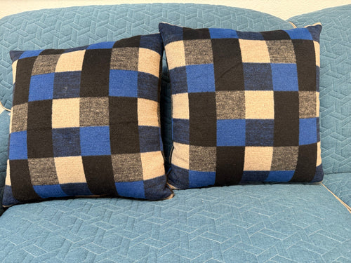 Blue, Black, Cream and Gray Check Pillow