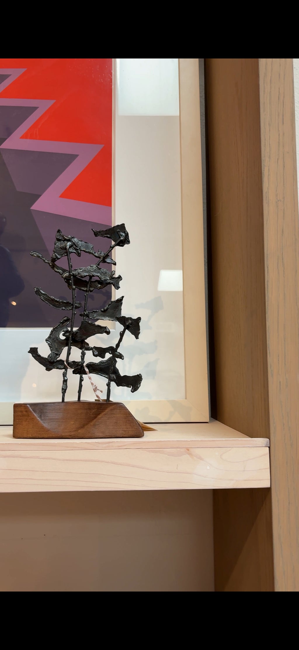 Brutalist Metal Tree Sculpture on Wooden Base