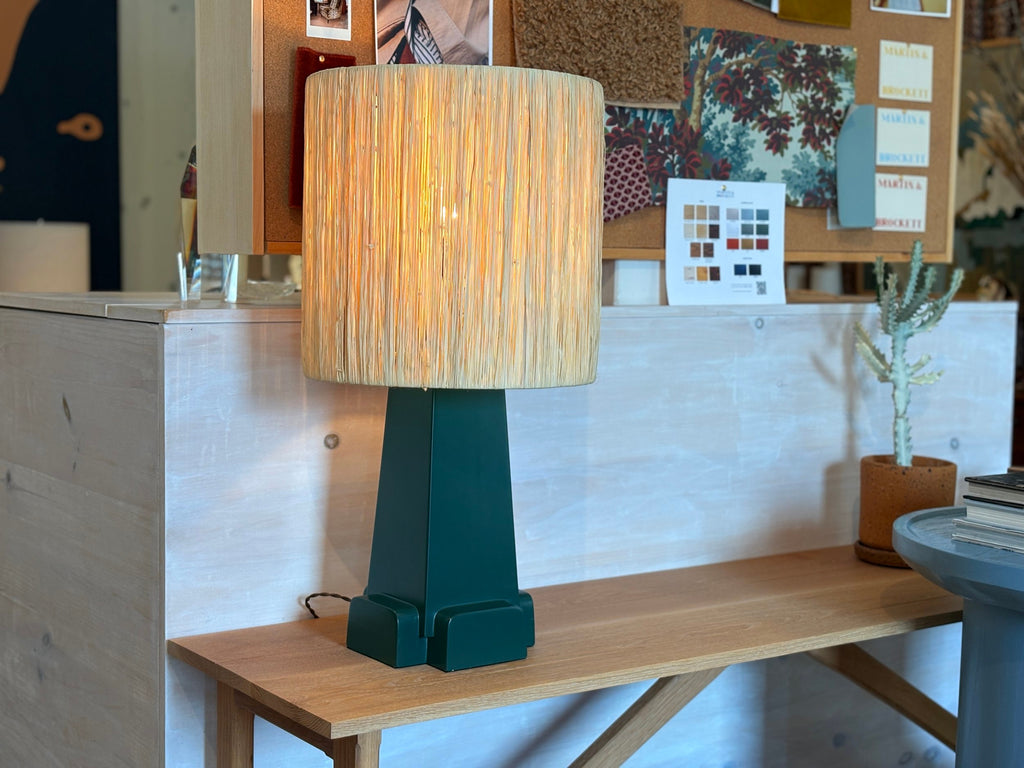 Cross Base Lamp, Green with Rush Shade