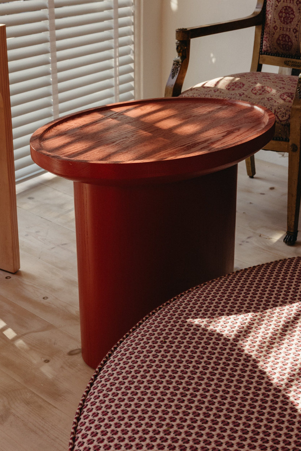 Findley Oval Tall Side Table, Rosso on Oak