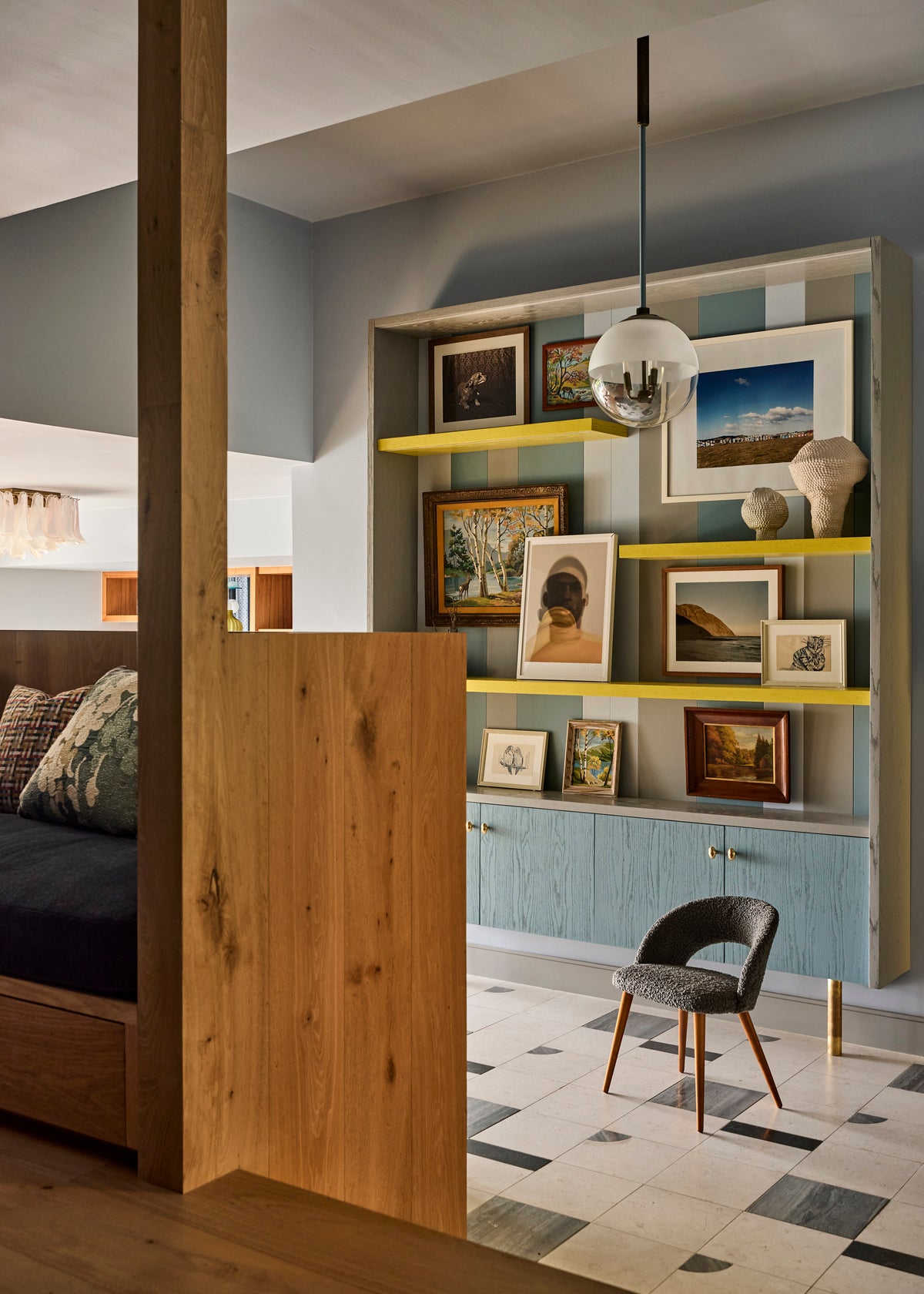 Yellow lacquered shelving above a checkerboard floor, Martin & Brockett Canyon