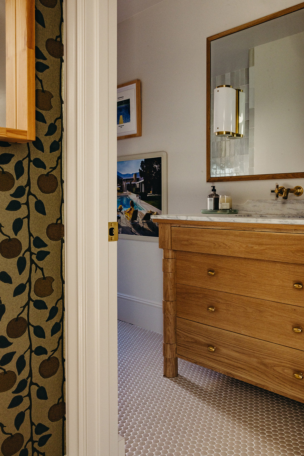 Mosaic tile floor beneath an oak vanity, Martin & Brockett Pasadena bathroom