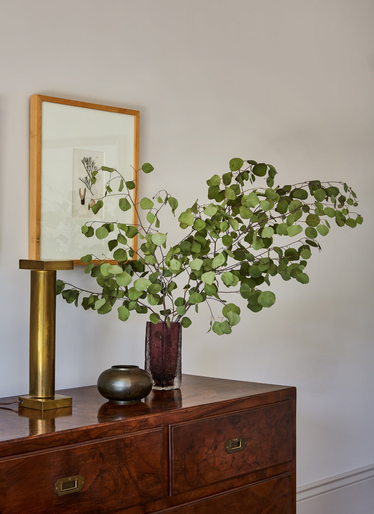 Eucalyptus and brass mirror on a burl chest, Martin & Brockett Toluca Lake entry