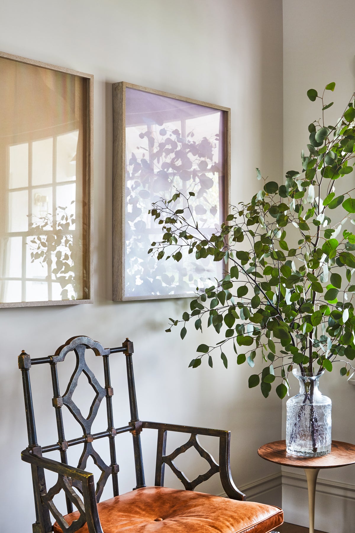 Fretwork chair and eucalyptus beside linen drapery, Martin & Brockett Toluca Lake living room