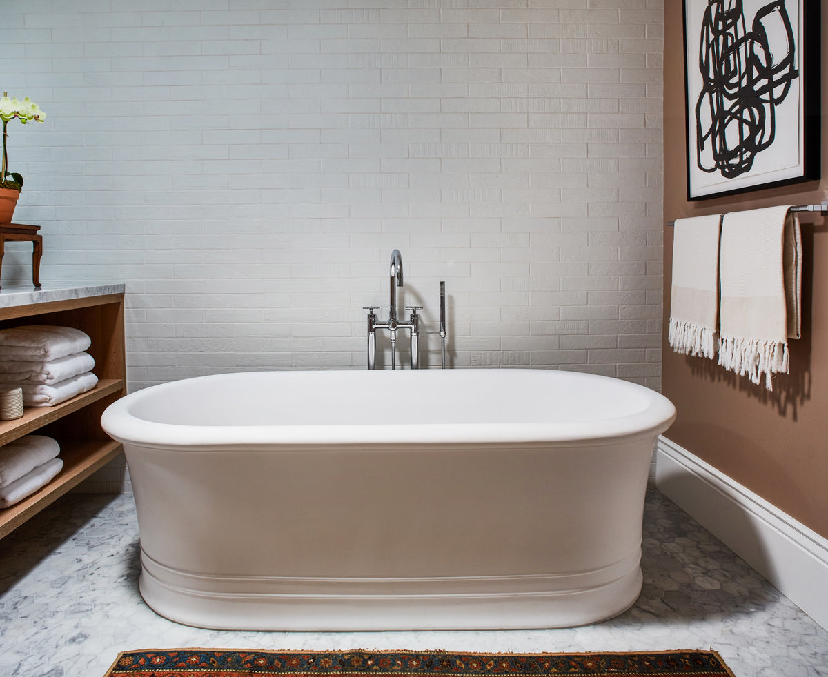 Abstract artwork above the freestanding tub on white brick, Martin & Brockett Toluca Lake